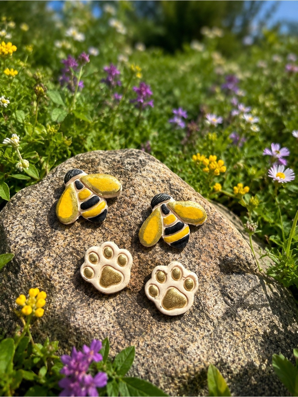 Cute Bee and Paw Stud Handmade Polymer Clay Earrings - Yellow & White